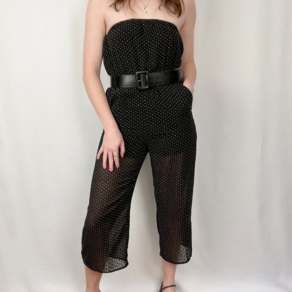 Vintage High Waisted Strapless Crop Sheer Straight Leg Jumpsuit Romper Tube Top - Picture 3 of 6